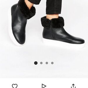 Monki Black Faux Fur and Faux Leather  Platform Ankle Boot Sneakers